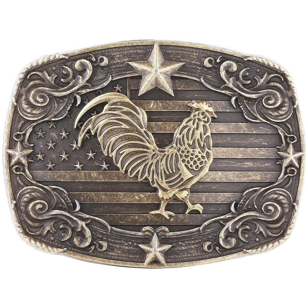 6012 Western Belt Buckle , Vintage Rodeo Texas American Flag Rooster
